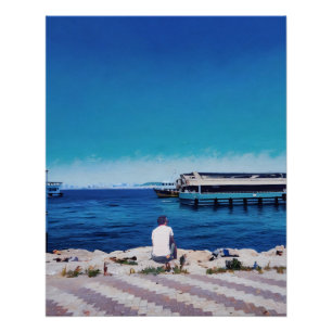 Der Mensch genießt die Aussicht auf den Hafen von Poster