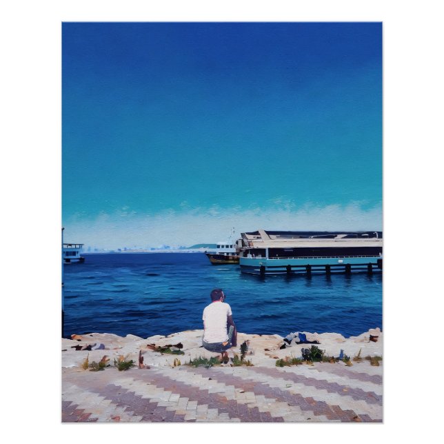 Der Mensch genießt die Aussicht auf den Hafen von  Poster (Vorderseite)