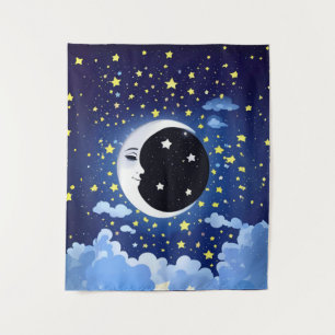 Der Mensch im Mond auf einem Sternenhimmel Wandteppich