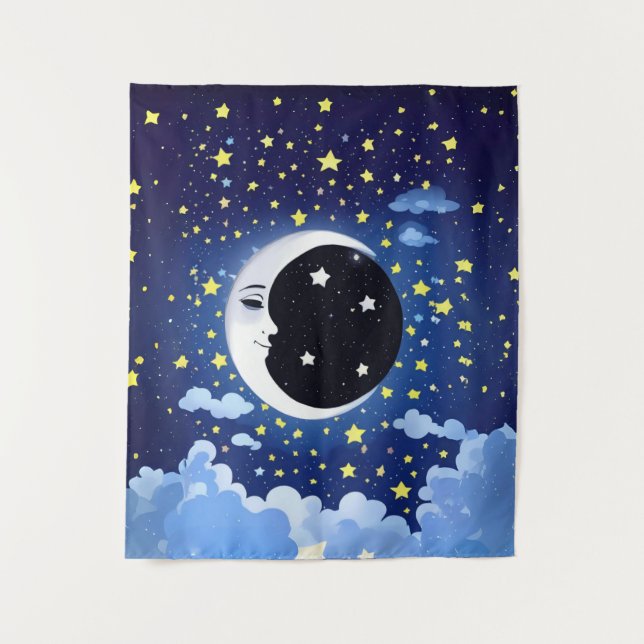 Der Mensch im Mond auf einem Sternenhimmel Wandteppich (Vorderseite)