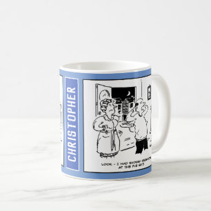 Der Mensch kehrt von Pub Quiz zur Nagging-Ehefrau  Kaffeetasse