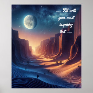 Der Mensch starrt den Vollmond in der Wüste an Poster