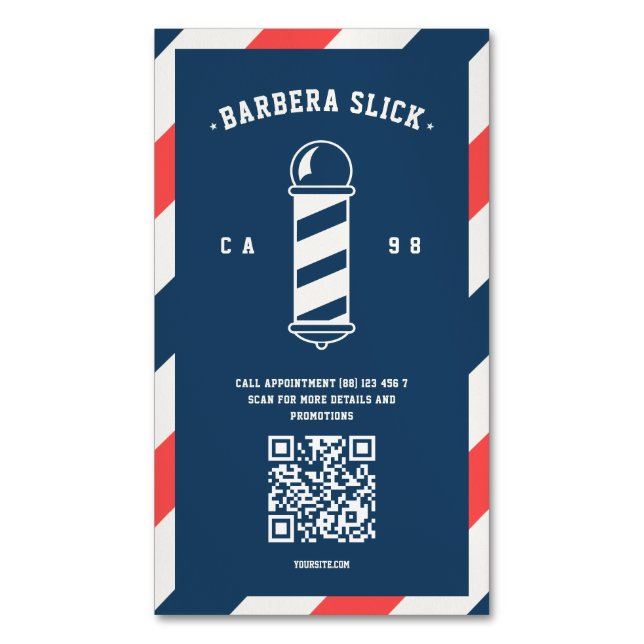 Der moderne Barbershop Barbershop Barbers Pole Magnetische Visitenkarte (Vorderseite Vertikal)