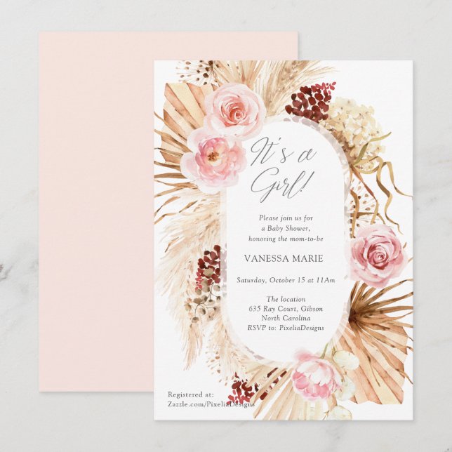 Der moderne boho-Blumenbogen mit Pampen Einladung (Vorne/Hinten)