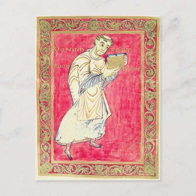 Der Mönch Ruodprehet präsentiert sein Buch Postkarte (Vorderseite)
