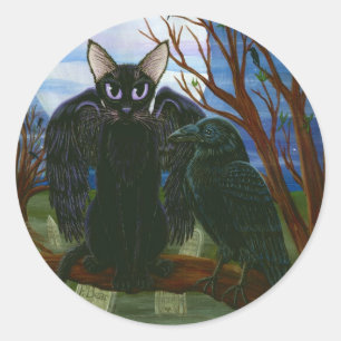Der Mond-schwarze Katzen-Krähen-gotischer Runder Aufkleber