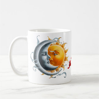 Der Mond und die Sonne tanzen gemeinsam auf einem  Kaffeetasse