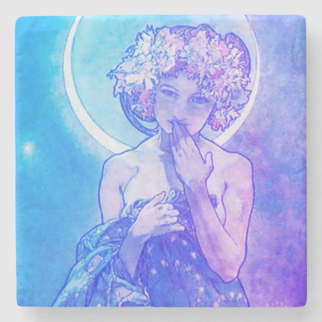 "Der Mond" von Mucha, Violett Stone Untersetzer (Vorderseite)