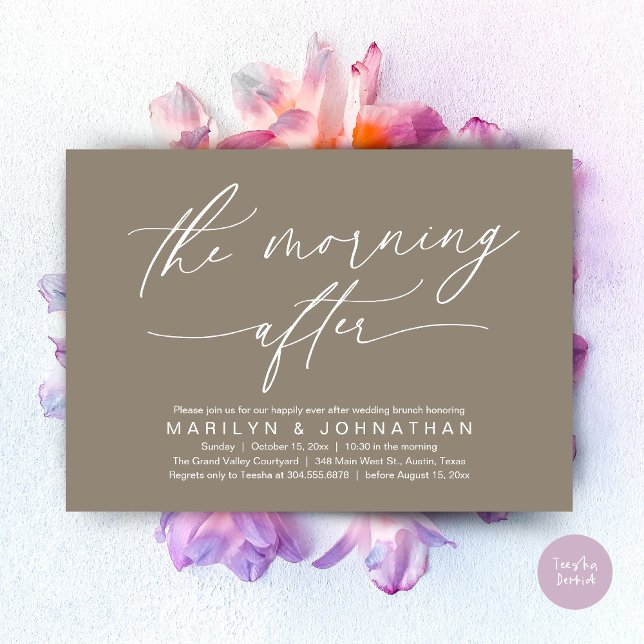 Der Morgen nach der Hochzeitsfeier Einladung (The Morning After Modern Romantic Post Wedding Elopement Brunch Invitation Card PDF in Taupe Brown)