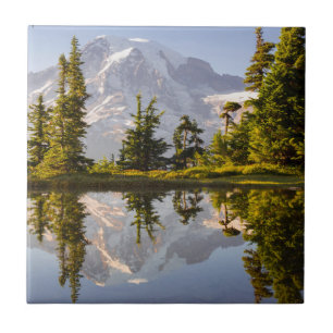 Der Mt. Rainier spiegelt sich in einem Bergsee nah Fliese
