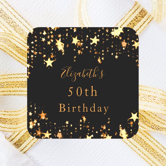 Der Name "Birday Party Black Gold Stars" Quadratischer Aufkleber (Von Creator hochgeladen)