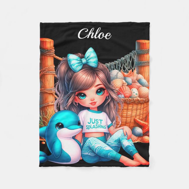Der Name der personalisierten Girl sitzt mit ihren Fleecedecke (Vorderseite)
