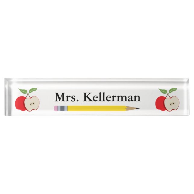 Der Name des Lehrers mit Äpfeln und Bleistift Namensplakette (Vorderseite)