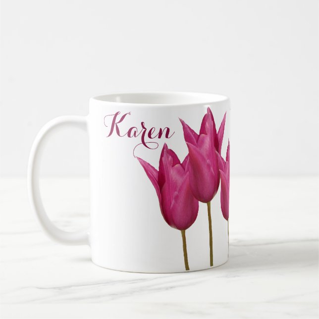 Der Name Karen hübsche rosa Tulpen Kaffeetasse (Links)