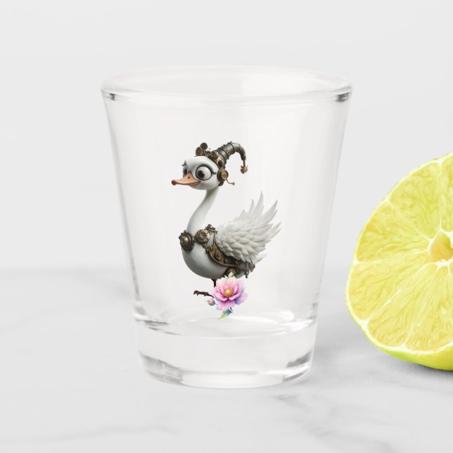 Der neugierige Uhrwerk-Schwan. Schnapsglas (Vorderseite)