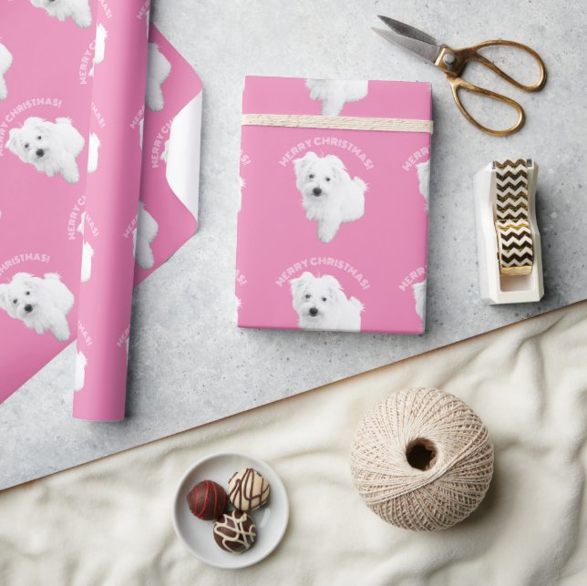 Der Niedliche maltesische Welpenhund Pink Weihnach Geschenkpapier (Kunsthandwerk)