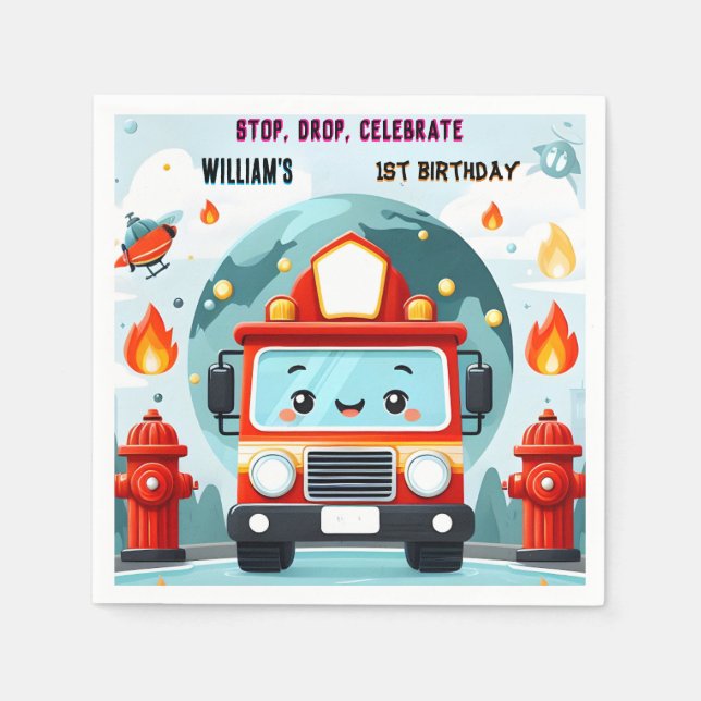 Der Niedliche Motor von Hot Fire Truck 1. Geburtst Serviette (Vorderseite)