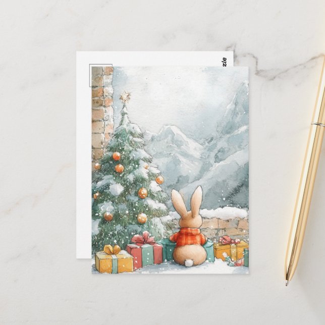 Der Niedliche Weihnachtsbunny sieht auf die Berge Postkarte (Vorderseite/Rückseite Beispiel)