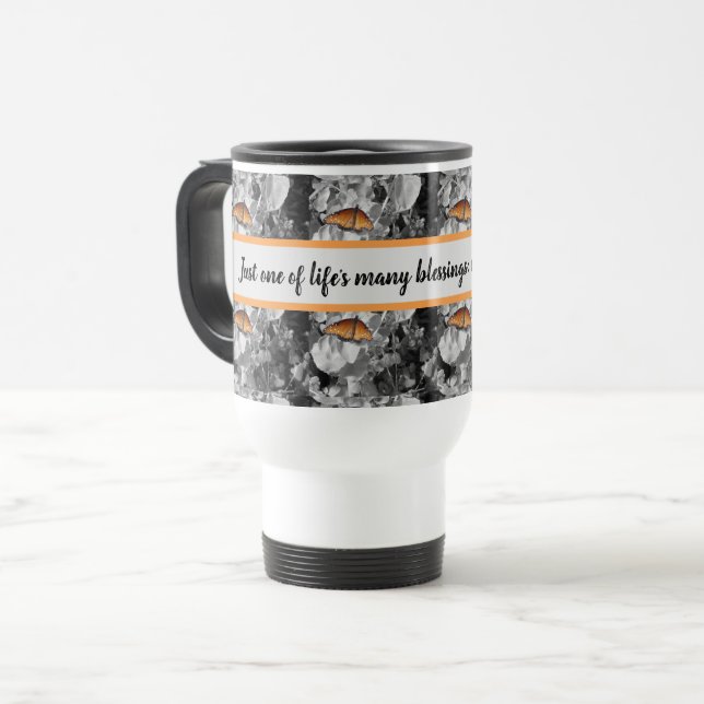 Der Orange Monarch Butterfly-Kaffee des Lebens Reisebecher (Vorderseite Links)