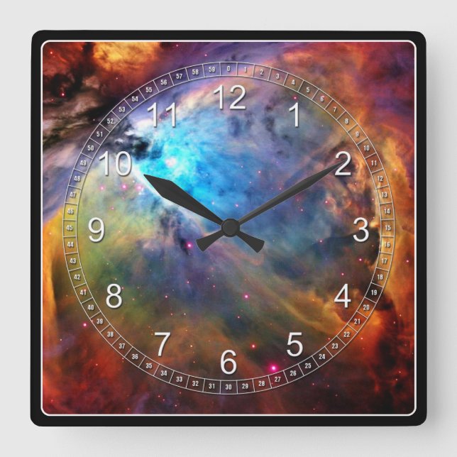Der Orion-Nebel Quadratische Wanduhr (Vorderseite)