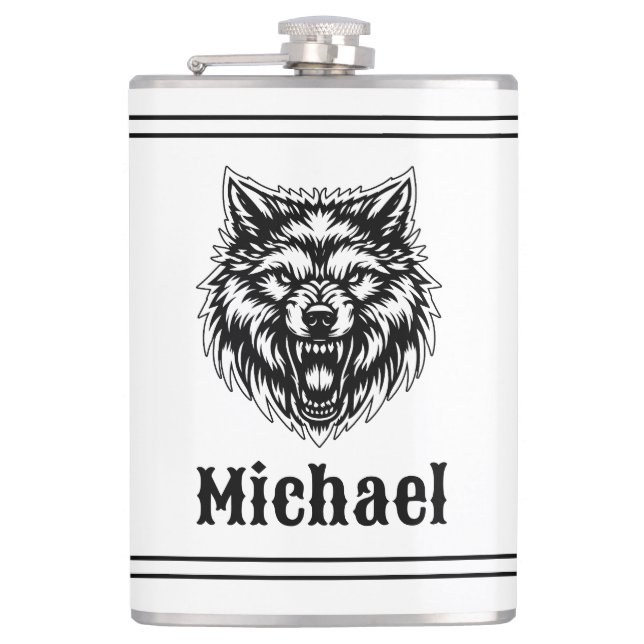 Der personalisierte Wolf Flachmann (Vorderseite)