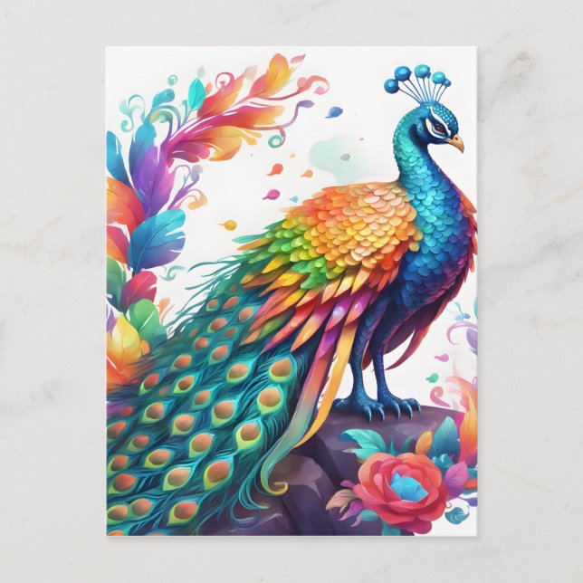 Der Pfau ist ein farbenfroher Vogel, der bekannt i Postkarte (Vorderseite)