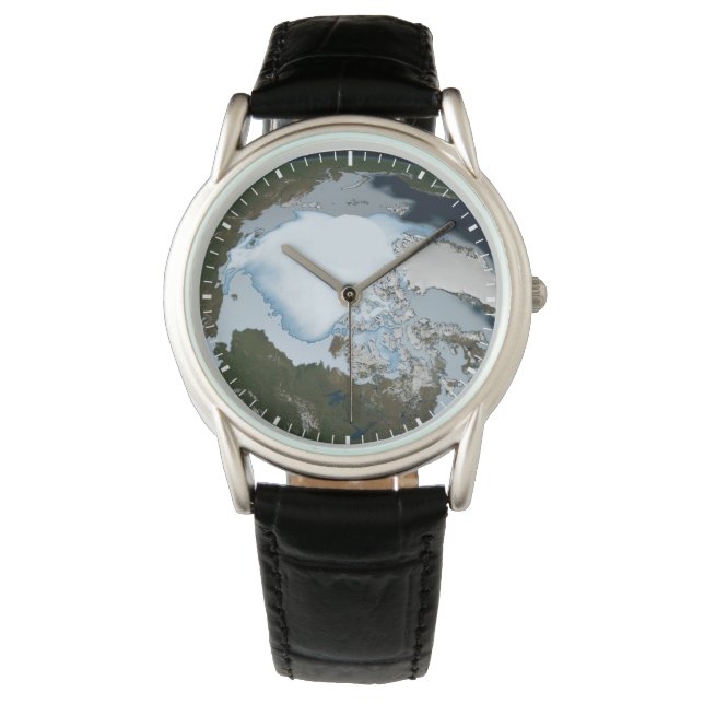 Der Planet Erde zeigt eine Eisdecke im Jahr 1980. Armbanduhr (Vorderseite)