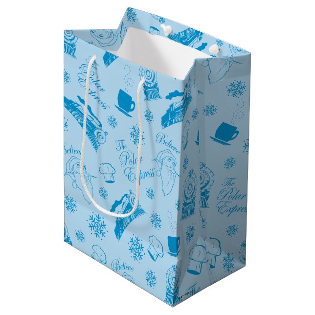Der Polarexpress | Blaues Holiday Icon Muster Mittlere Geschenktüte (Vorderseite Schrägansicht)