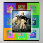 Der Pop Art George Washington Poster<br><div class="desc">Ein schönes Gemälde von George und seinem Pferd mit kleinen Pop Art Echos, um das Poster zu beleben. Der erste Präsident war so groß wie Abraham Lincoln - 6'4."</div>