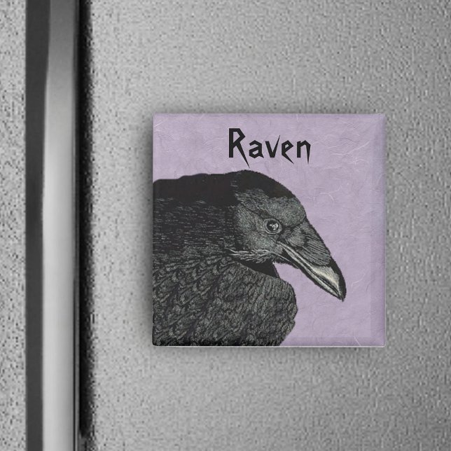Der Rabenmagnet Magnet (Head wing of black spooky Raven bird on marbled purple square magnet.)