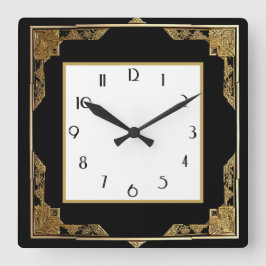 Der Rahmen in Gold und Schwarz Art Deco Quadratische Wanduhr