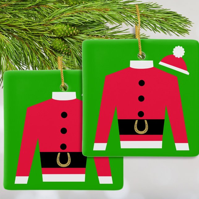 Der rasante Silks-Platz des Weihnachtsmannes Ornament Aus Metall (Santa Claus jockey silks in bright read on green with a fluffy pompom. Square Christmas Ornament.)