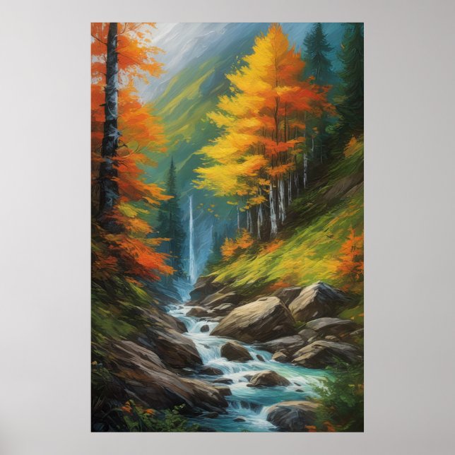 Der rauschende Strom im blühenden Herbstwald Poster (Vorne)