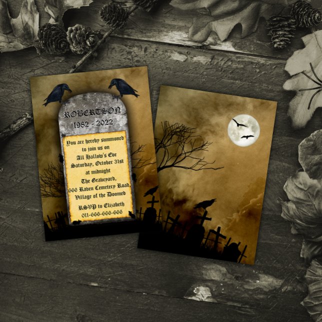 Der Raven Friedhof Spooky Grabstein Halloween Einladung (Von Creator hochgeladen)