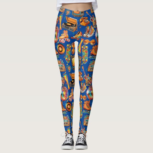 Der Retro Beat Patternx4 Blue BG Leggings (Vorderseite)