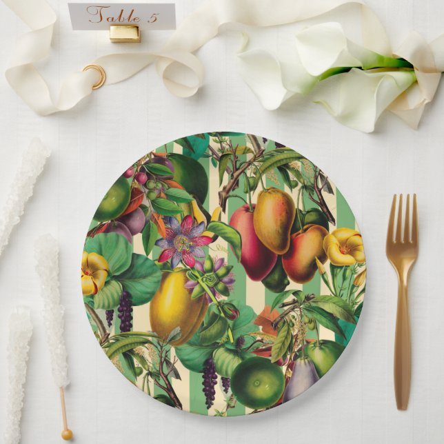 Der Retrostil von grünen Früchten und Blumengärten Pappteller (Hochzeit)