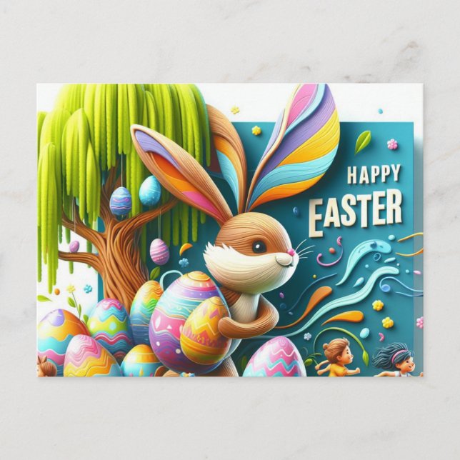 Der romantische Abstrakte Osterhase lächelte Feiertagspostkarte (Vorderseite)
