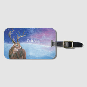 Der Rothirsch Cervus elaphus und Winterlandschaft  Gepäckanhänger