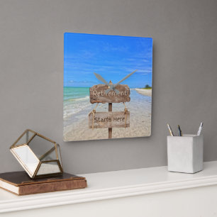 Der Ruhestand beginnt hier! Sanibel Island Beach Quadratische Wanduhr