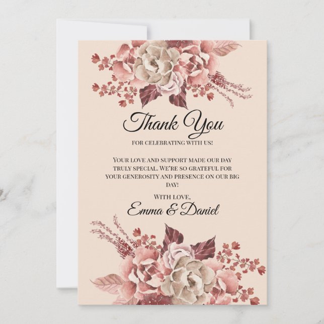 Der rustikale Herbst blüht leicht beige Wasserfarb Dankeskarte (Vorderseite)