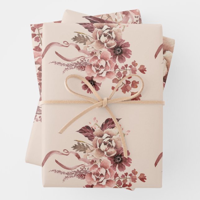 Der rustikale Herbst blüht leicht beige Wasserfarb Geschenkpapier Set (Beispiel)