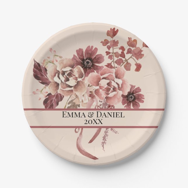 Der rustikale Herbst blüht leicht beige Wasserfarb Pappteller (Vorderseite)