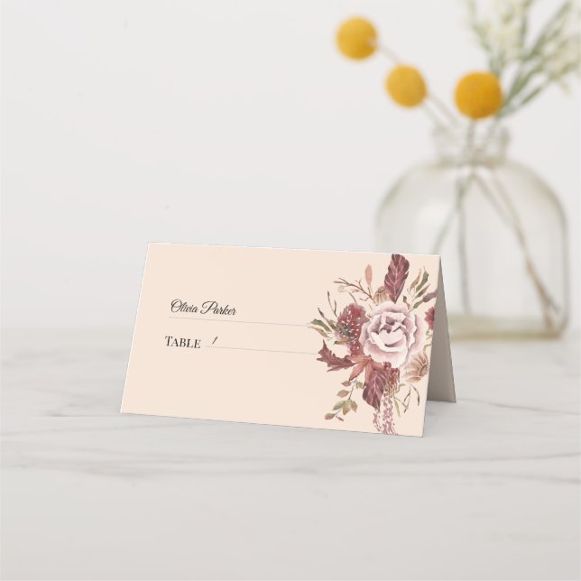 Der rustikale Herbst blüht leicht beige Wasserfarb Platzkarte (Vorderseite)