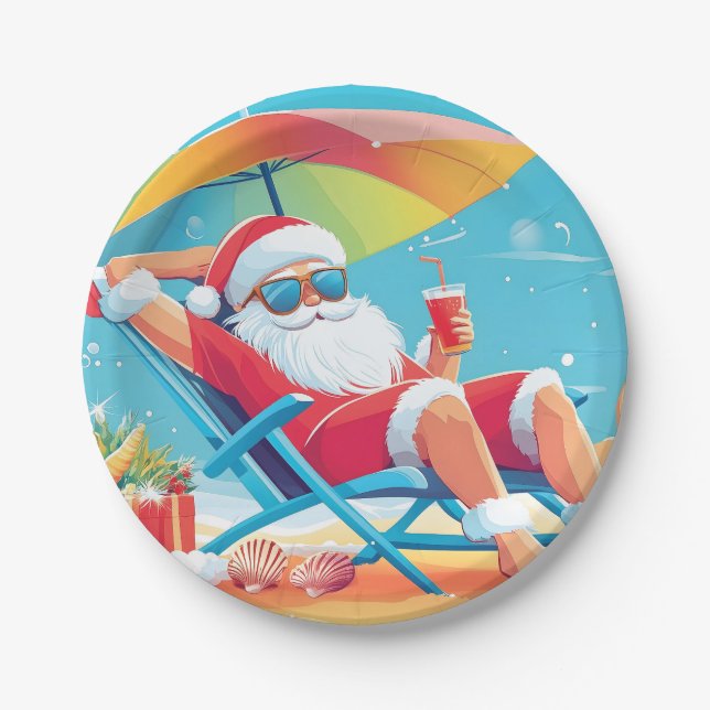 Der Santa Claus entspannt sich auf einem Sonnenbet Pappteller (Vorderseite)