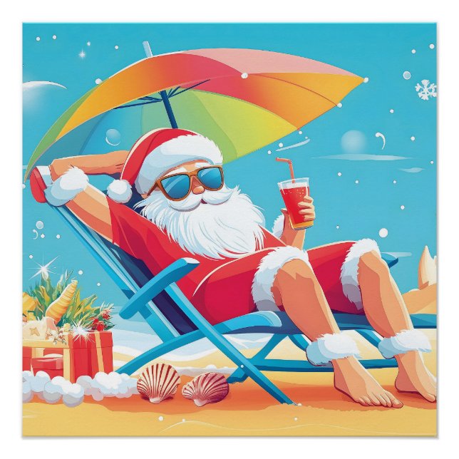Der Santa Claus entspannt sich auf einem Sonnenbet Poster (Vorderseite)