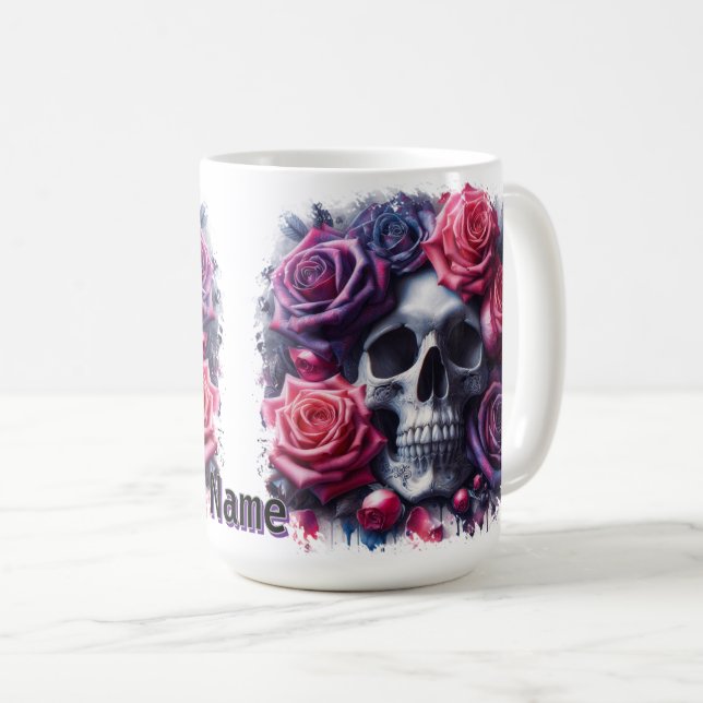 Der Schädel ist umgeben von lebendigen Rose Kaffeetasse (VorderseiteRechts)