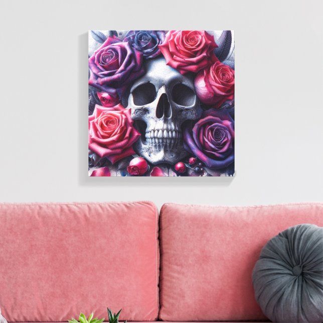 Der Schädel ist umgeben von lebendigen Rose Leinwanddruck (Insitu (Wohnzimmer))