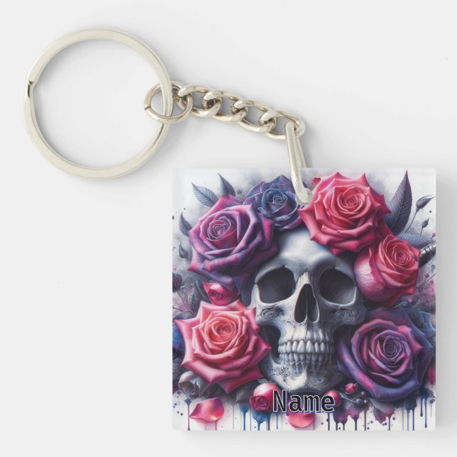 Der Schädel ist umgeben von lebendigen Rose Schlüsselanhänger (Vorderseite)