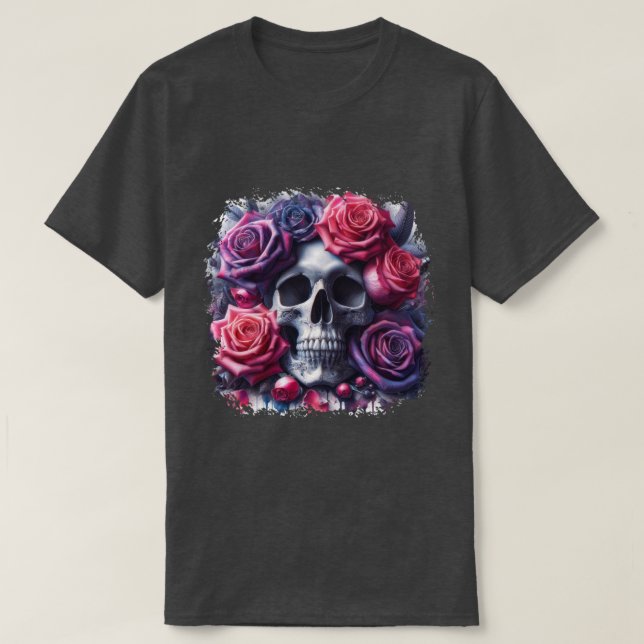 Der Schädel ist umgeben von lebendigen Rose T-Shirt (Design vorne)