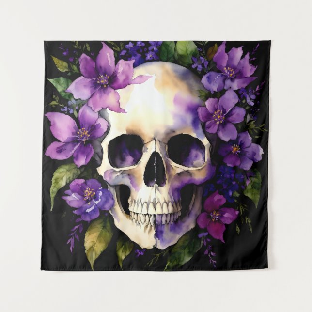Der Schädel mit violetten Blumen bestechen durch s Wandteppich (Vorderseite)
